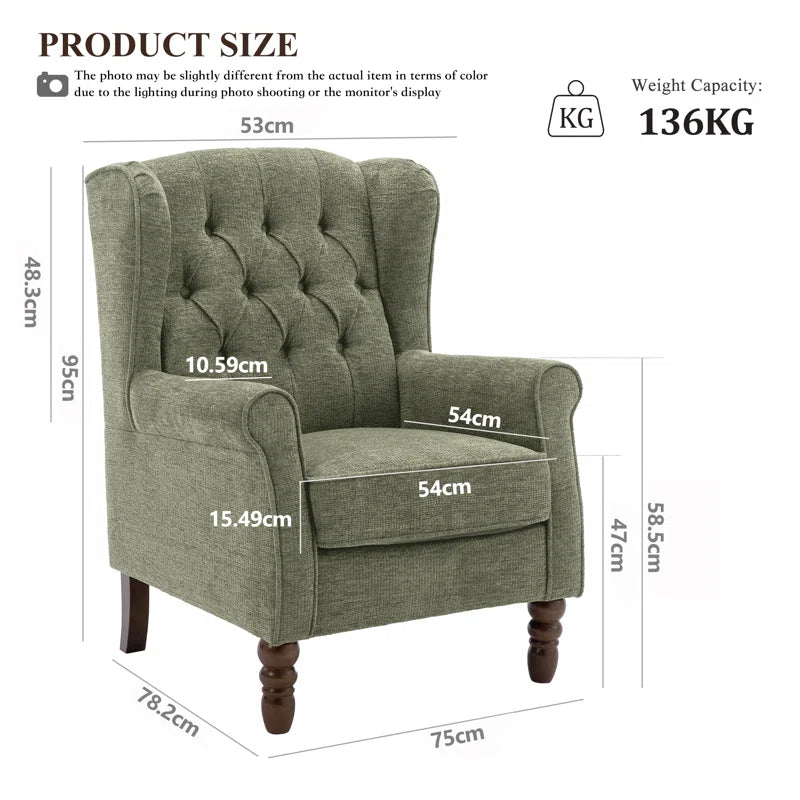 Button-Tufted Wingback Accent Chair - Solid Wood Legs with Rolled Arm &Thick Padded Cushion
