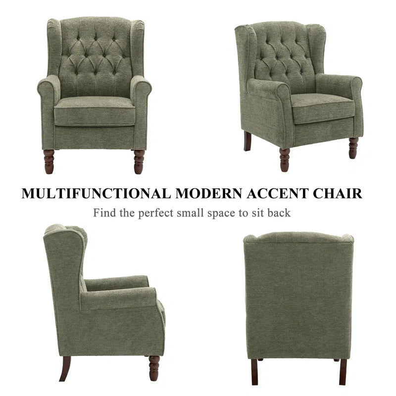 Button-Tufted Wingback Accent Chair - Solid Wood Legs with Rolled Arm &Thick Padded Cushion