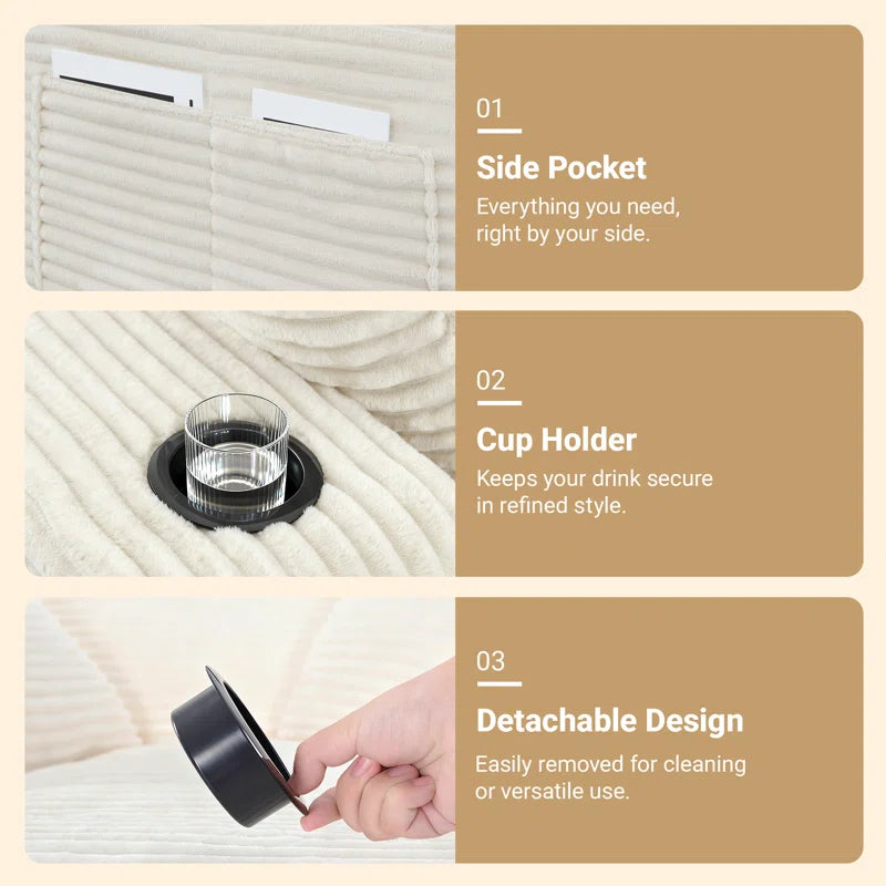 Oversized Cloud Chaise Lounge with Cup Holders & Side Pocket, No Assembly Required, Corduroy