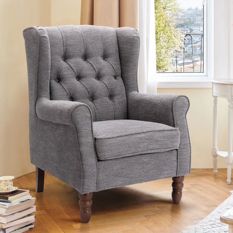Button-Tufted Wingback Accent Chair - Solid Wood Legs with Rolled Arm &Thick Padded Cushion
