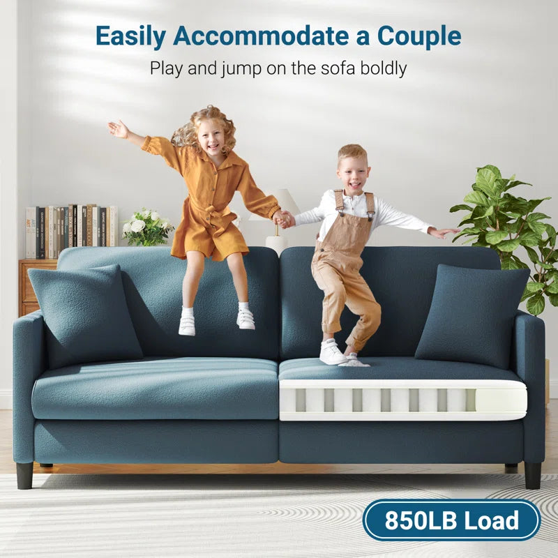 Modern 193Cm Teddy 3-Seater Sofa with Square Armrests and Two Throw Pillows