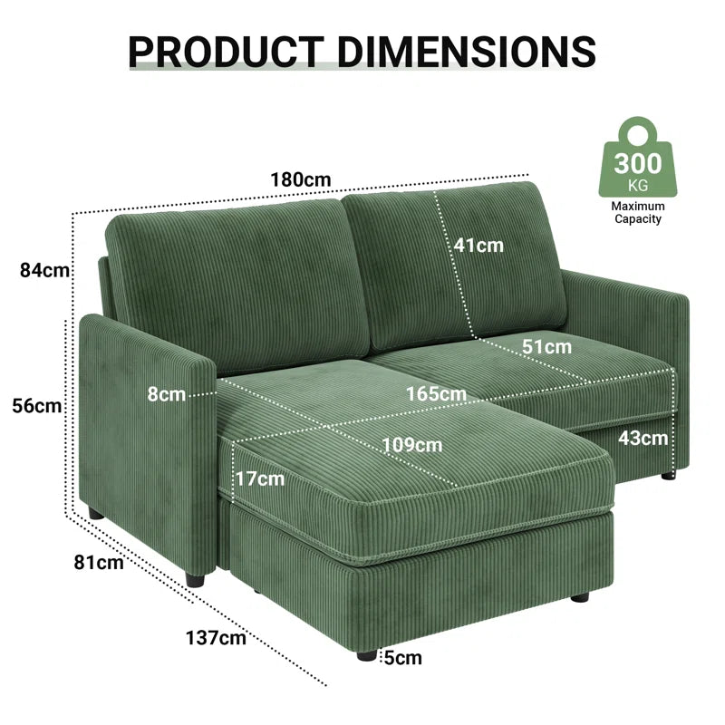 180Cm 2 Seat Area Corduroy Corner Sofa