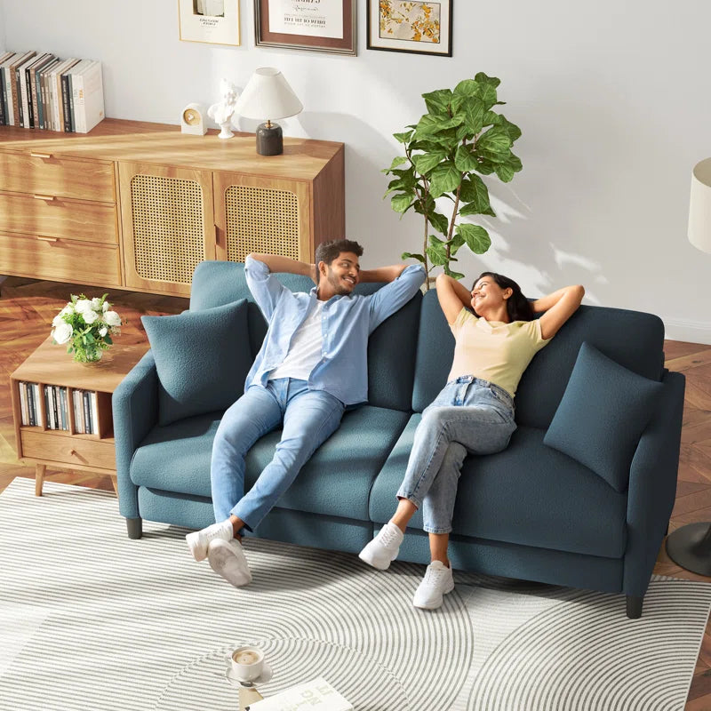 Modern 193Cm Teddy 3-Seater Sofa with Square Armrests and Two Throw Pillows