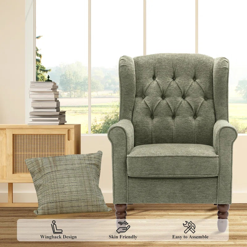 Button-Tufted Wingback Accent Chair - Solid Wood Legs with Rolled Arm &Thick Padded Cushion