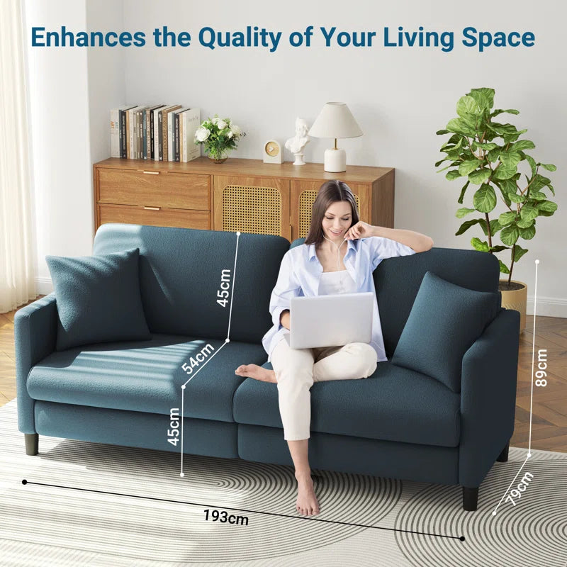 Modern 193Cm Teddy 3-Seater Sofa with Square Armrests and Two Throw Pillows