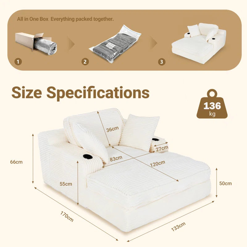 Oversized Cloud Chaise Lounge with Cup Holders & Side Pocket, No Assembly Required, Corduroy