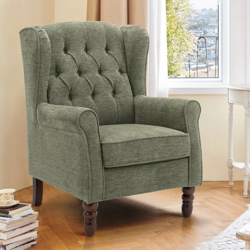 Button-Tufted Wingback Accent Chair - Solid Wood Legs with Rolled Arm &Thick Padded Cushion