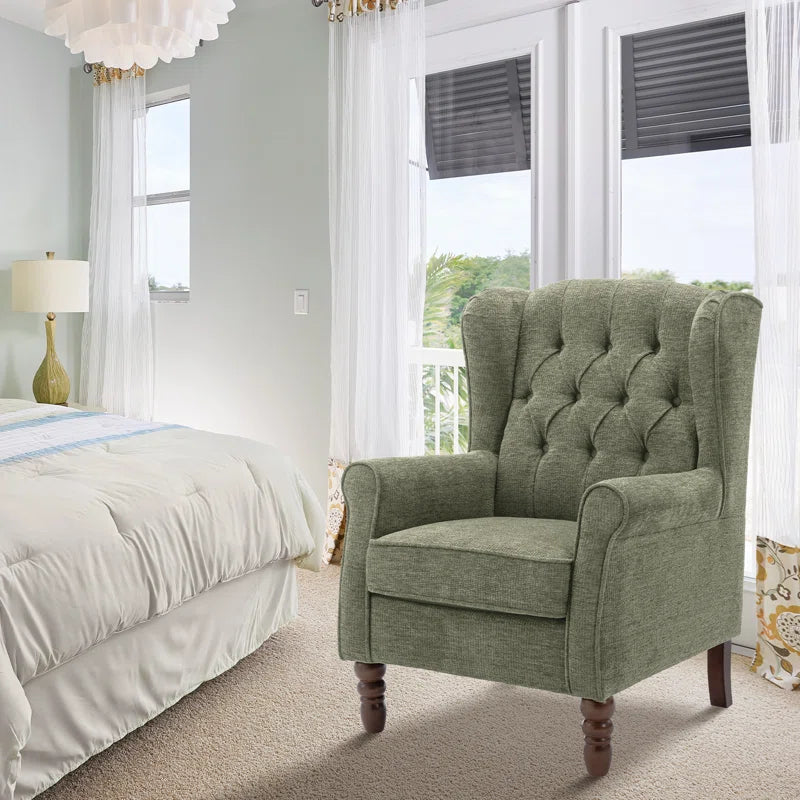 Button-Tufted Wingback Accent Chair - Solid Wood Legs with Rolled Arm &Thick Padded Cushion